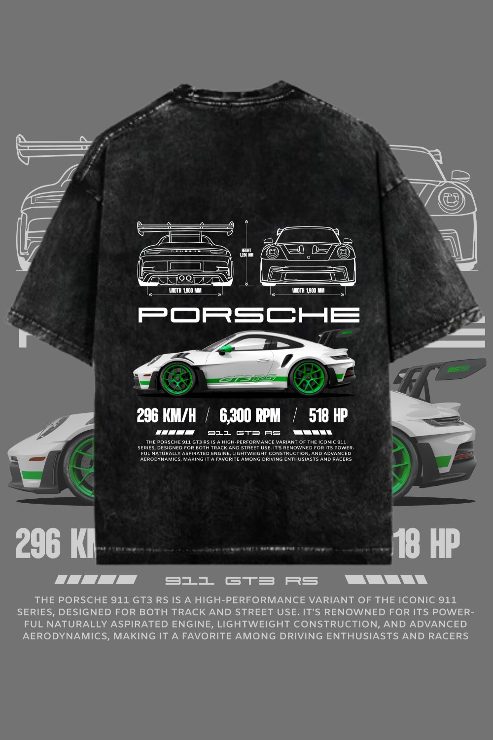 Porsche Heritage – Premium Oversized Acid Wash Black T-shirt